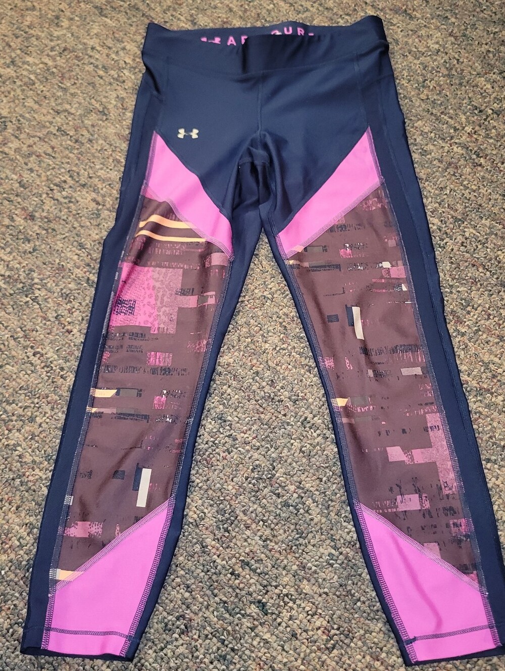 Under Armour Navy and Pink Womens' Athletic Leggings with Patterned Panels
